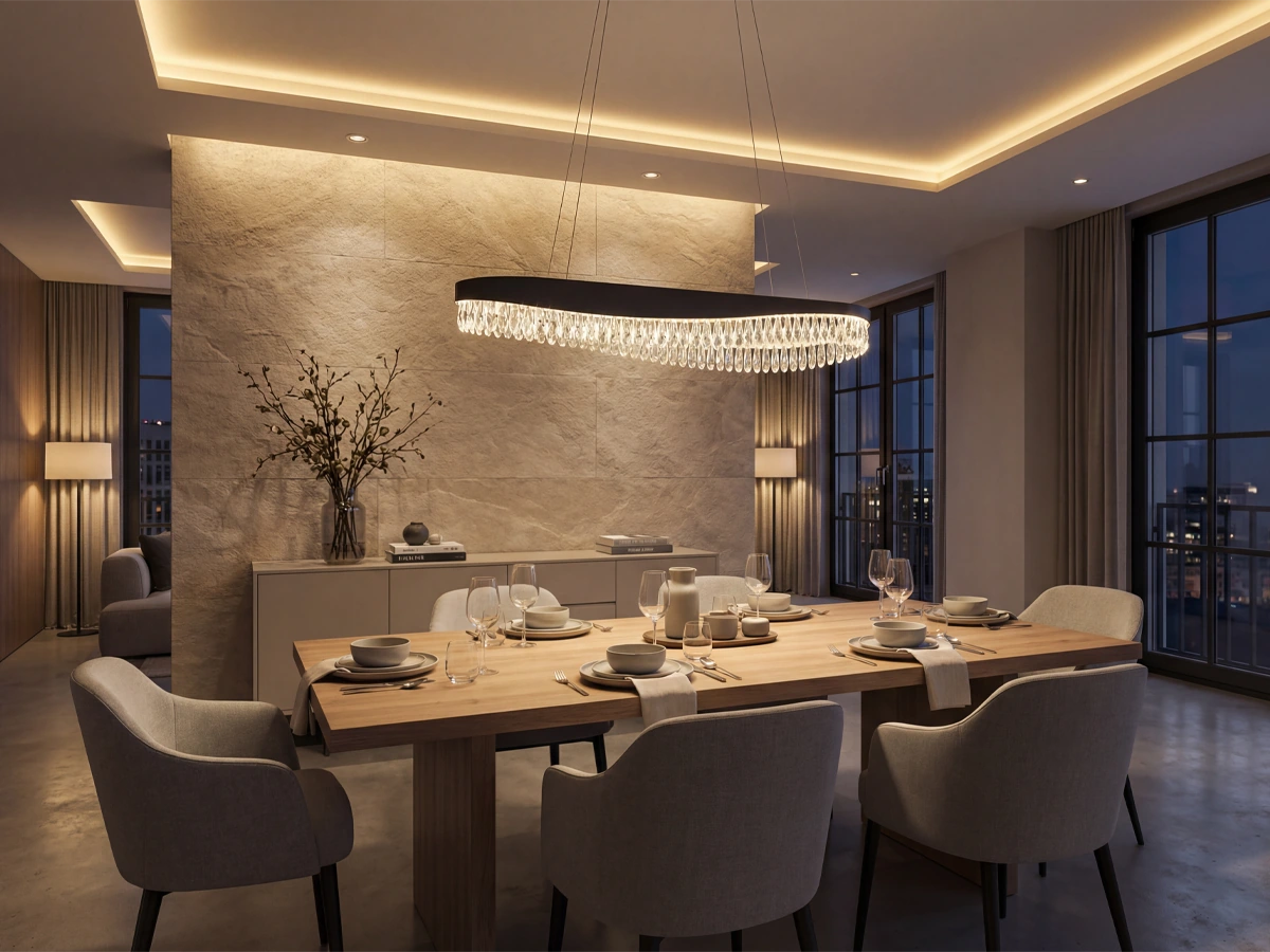 Corpuri de iluminat cu detalii din cristal și un design contrastant, care oferă spațiului un efect vizual expresiv.