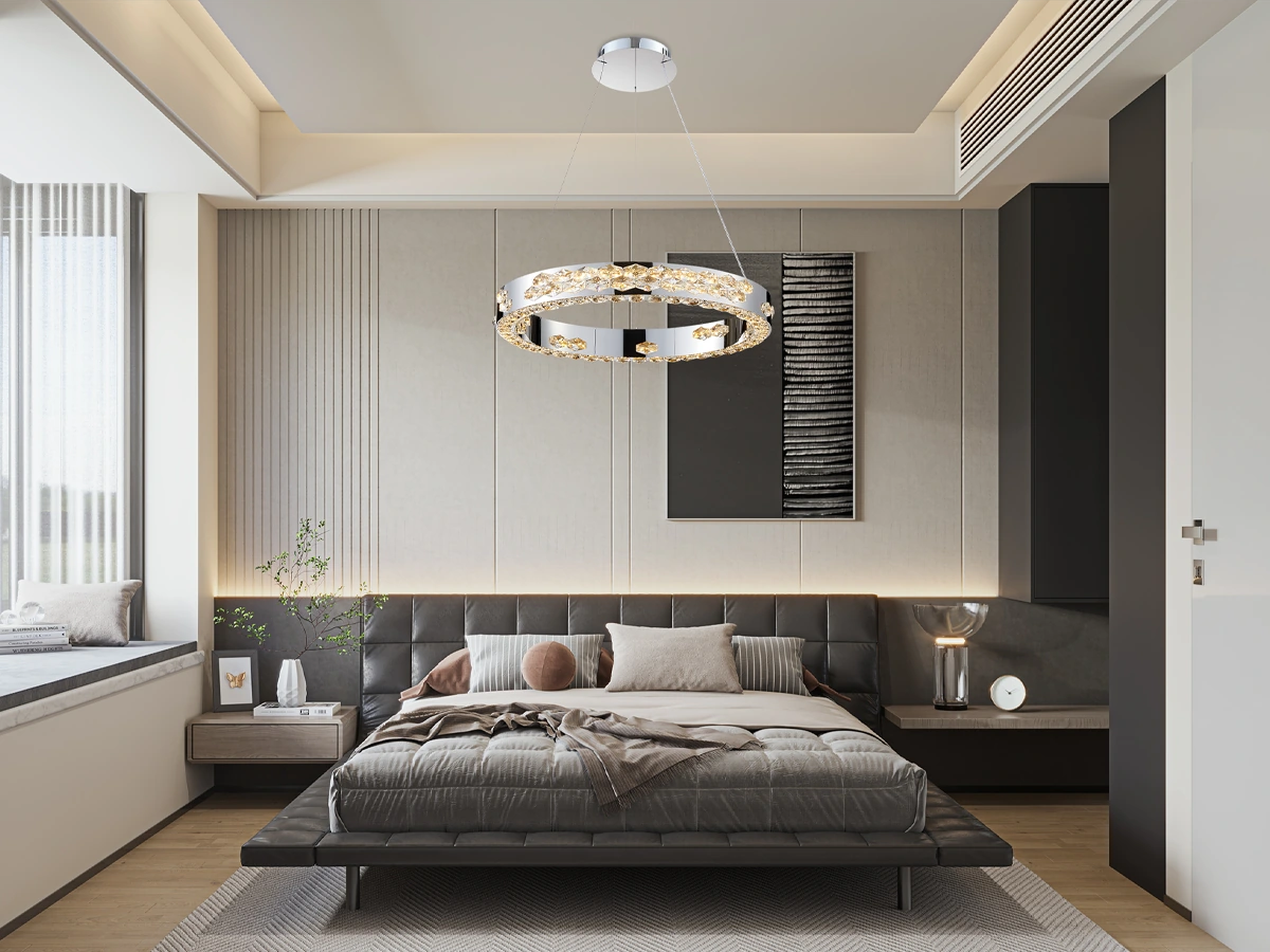 Corpuri de iluminat cu cristal și accent cromat, care oferă spațiului un caracter atemporal.