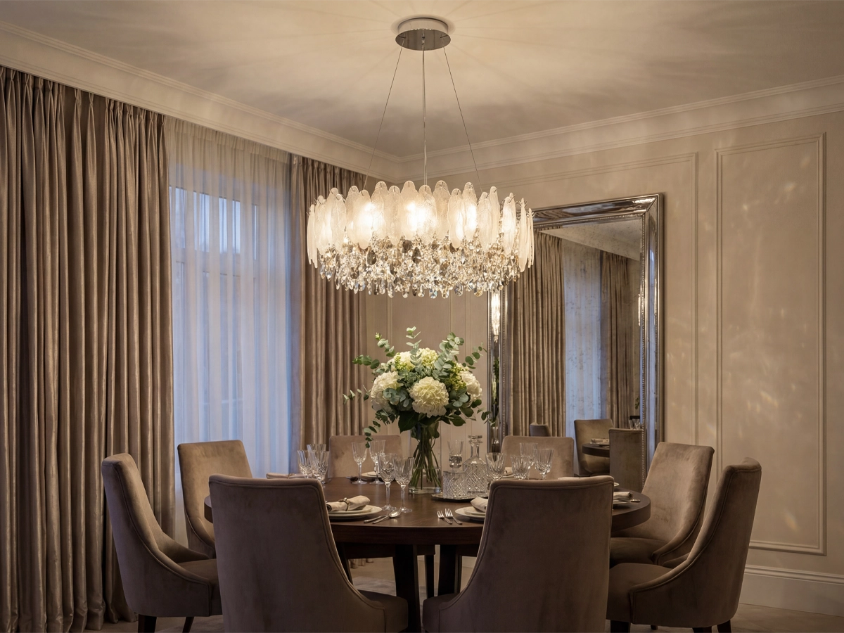 Iluminat cu detalii bogate și elemente din cristal, care evidențiază eleganța și atmosfera interiorului.